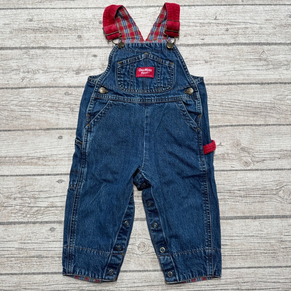 OshKosh BGosh Bib Overalls Baby 12M Blue Denim Red Corduroy Plaid Cotton